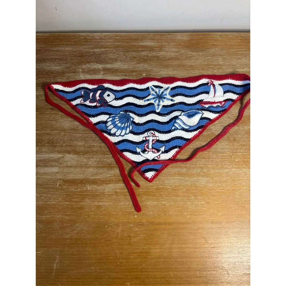 Handmade Crochet Nautical Hair Bandana Anchor Sailboat Shell Blue White Red Tie